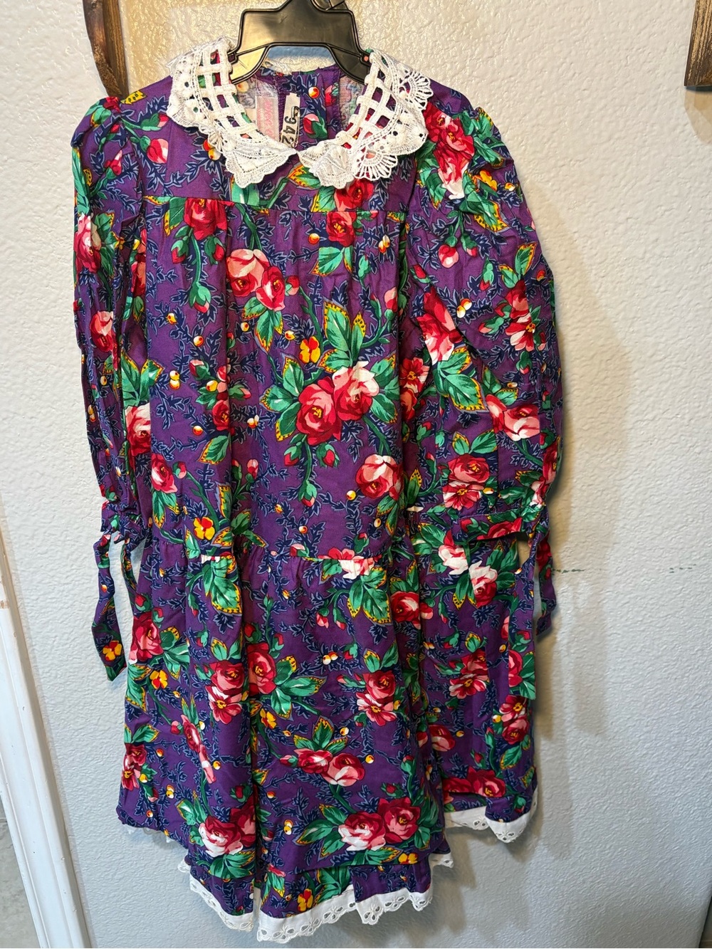 VTG Wee Clancy Girls Dress Size 6 Purple Floral Lace Collar Puff Sleeve 80s 90s